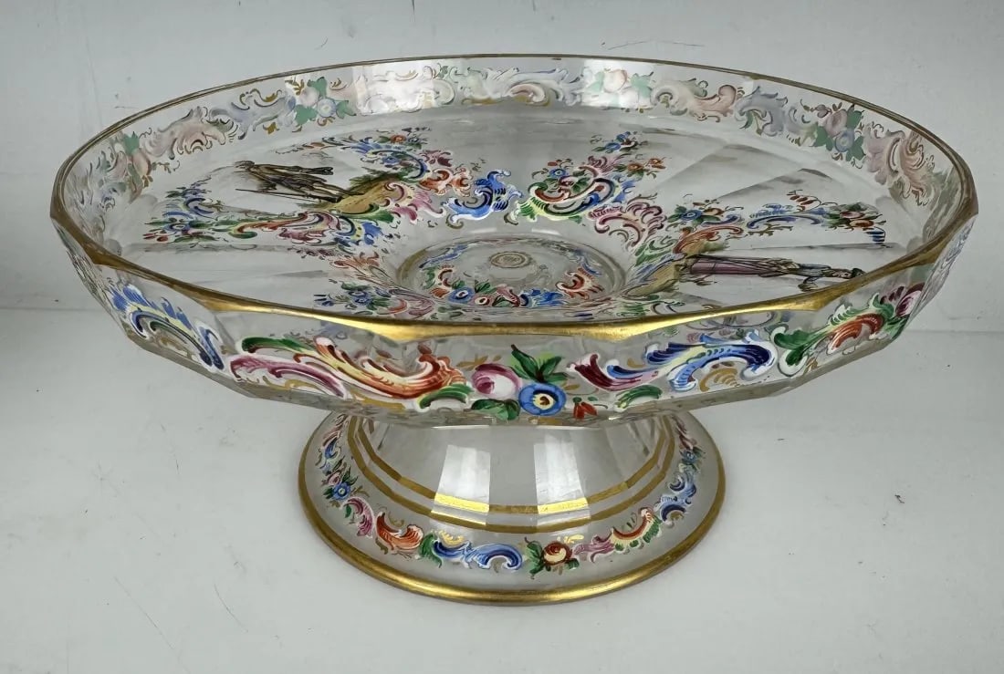 SIGNED GILT AND ENAMELLED LOBMEYR DISH: Circa 1900. Measures 7 inches d. , 5 inches high. In good used condition. Estimate $800-1.000
