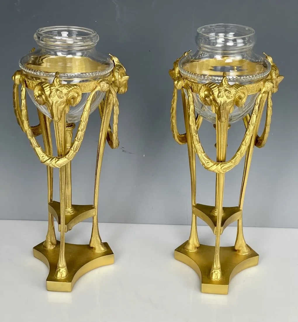 A PAIR OF ORMOLU AND CRYSTAL VASES (1 of 3)