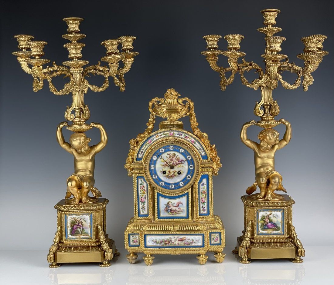 19TH C. DORE BRONZE AND SEVRES PORCELAIN CLOCK SET (1 of 5)
