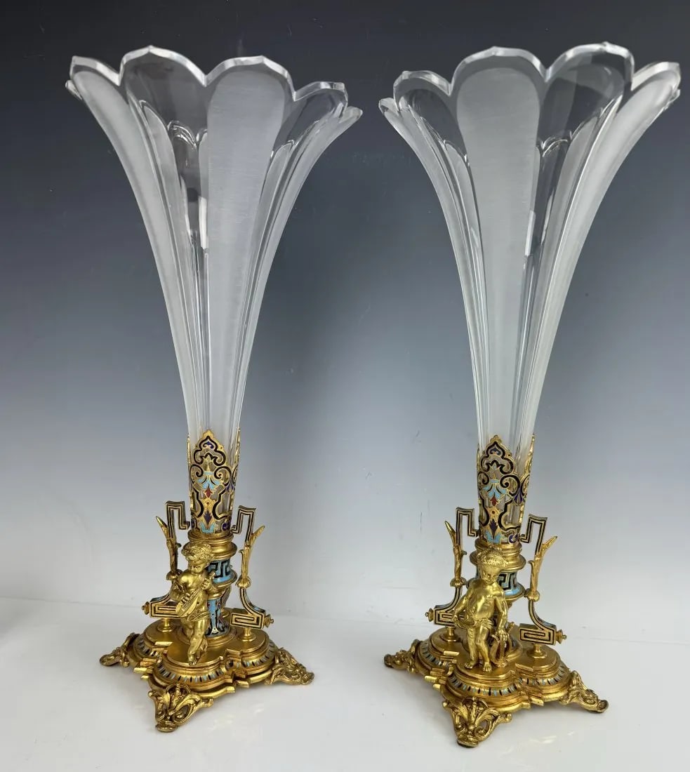 A LARGE PAIR OF CHAMPLEVE ENAMEL & BACCARAT CRYSTAL VASES (1 of 4)
