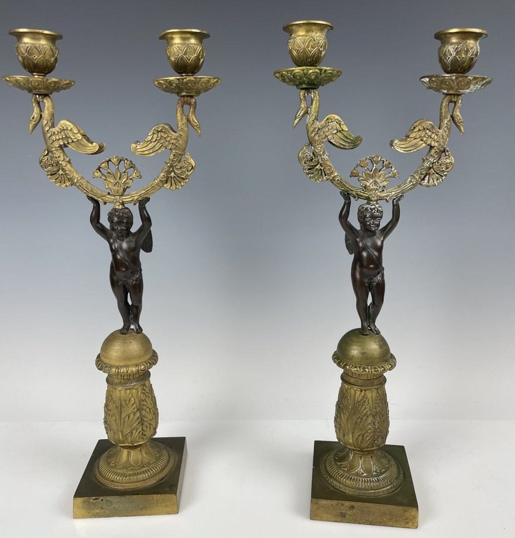 A PAIR OF EMPIRE STYLE BRONZE CANDELABRA (1 of 4)