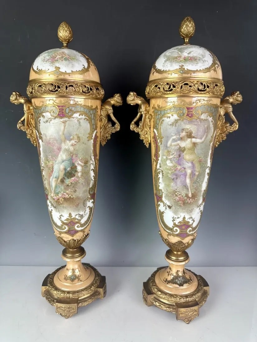 A PAIR OF ORMOLU MOUNTED ART NOUVEAU SEVRES VASES (1 of 6)