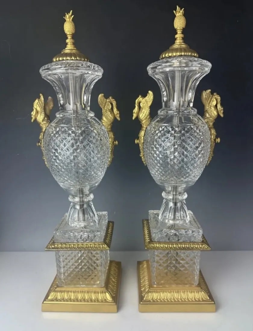 A PAIR OF DORE BRONZE MOUNTED BACCARAT CRYSTAL VASES (1 of 5)