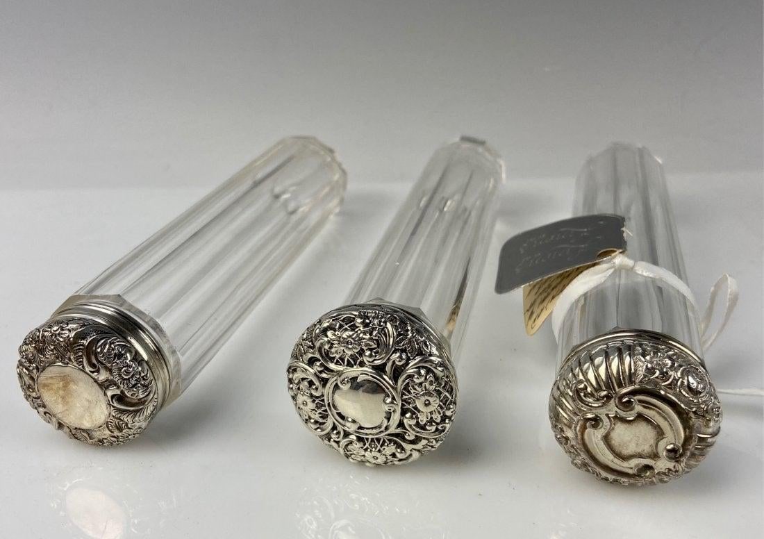 SET OF 3 VICTORIAN STERLING SILVER AND CRYSTAL BOTTLES (1 of 4)