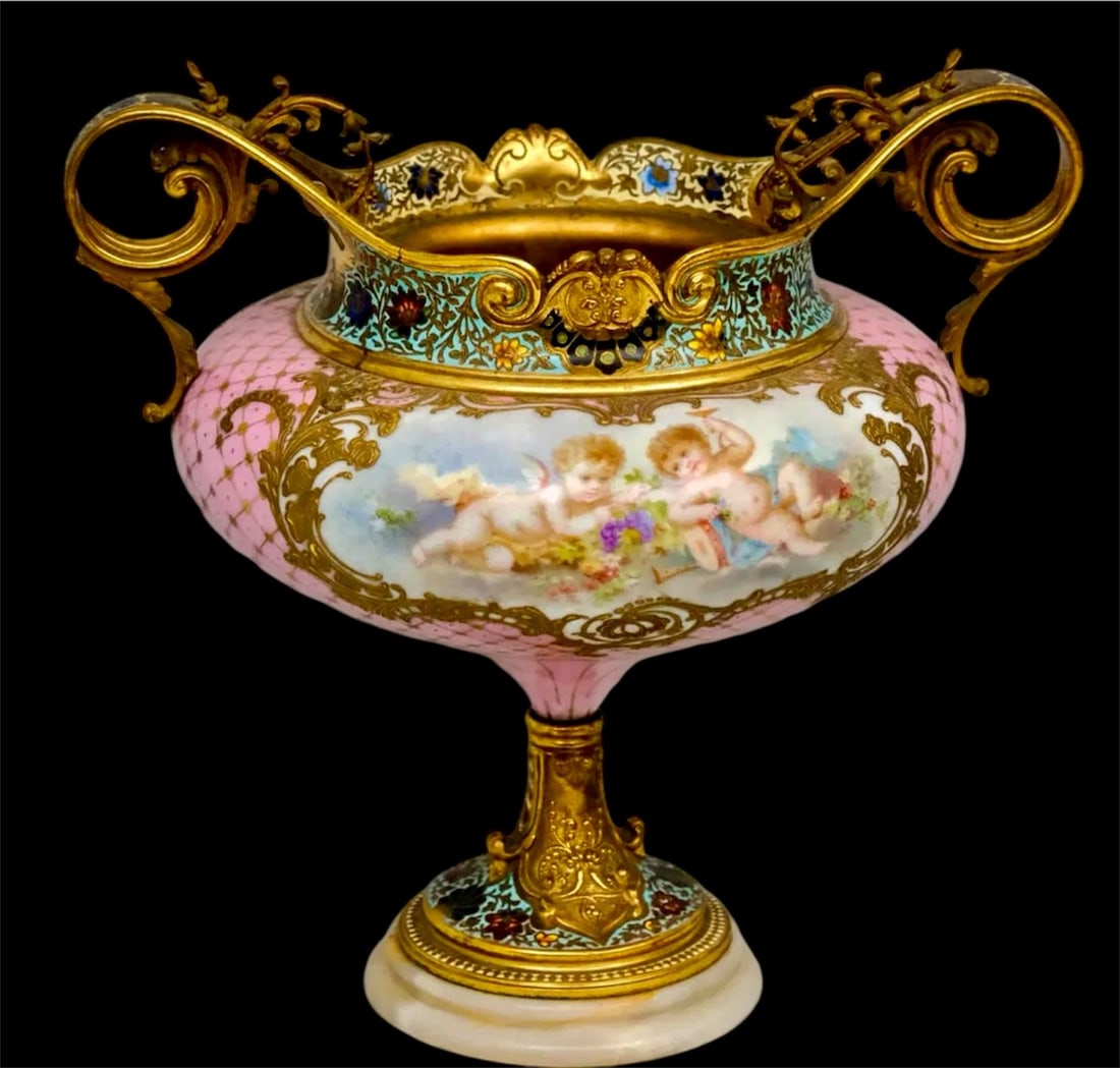 19TH C. FRENCH CHAMPLEVE ENAMEL AND SEVRES PORCELAIN CENTERPIECE (1 of 4)
