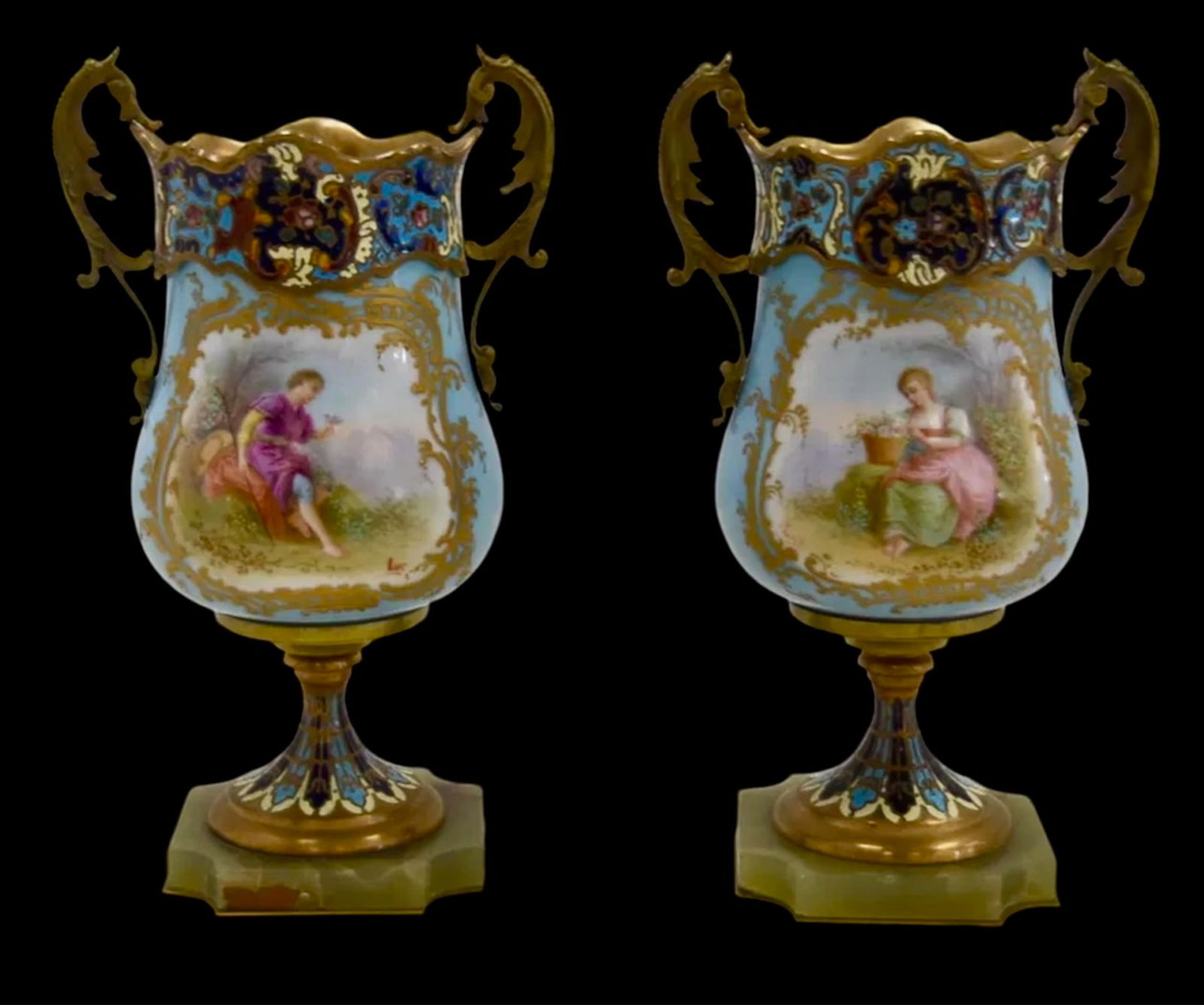 PAIR OF FRENCH ORMOLU MOUNTED SEVRES AND CHAMPLEVE ENAMEL VASES