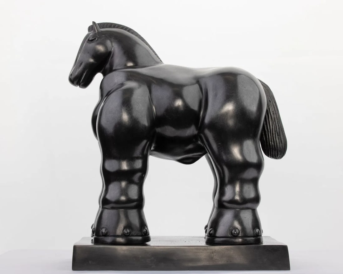 BOTERO BRONZE SCULPTURE OF THE TROJAN HORSE: Fernando Botero's Trojan Horse. Signed & NumberedFernando Botero's Trojan Horse. Signed & Numbered. "Trojan Horse", bronze with black patina 11 1/4 x 14 x 7 in (28.6 x 35.6 x 17.8 cm) signed on the ba