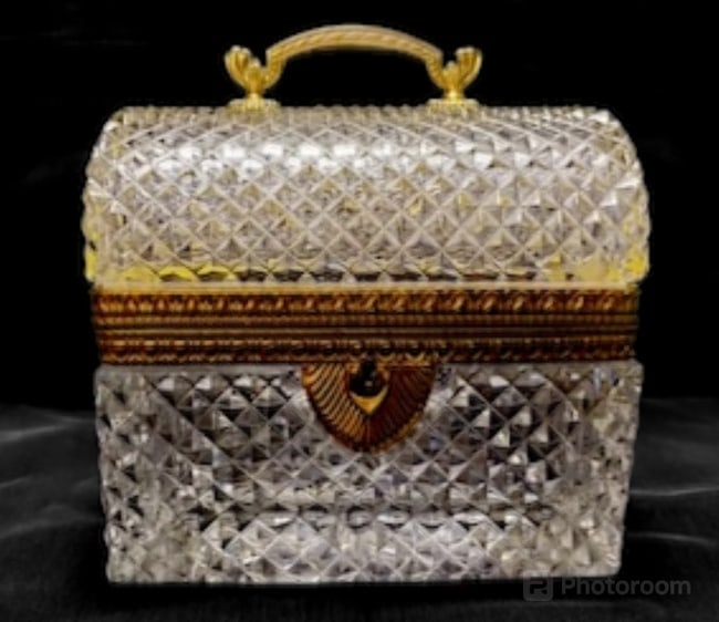 ORMOLU MOUNTED BACCARAT CRYSTAL BOX: Circa 1900. measures 6" tall, 5 1/2" wide and 4" deep. In good antique condition. Estimate $800-1000