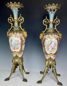 A MAGNIFICENT PAIR OF ART NOUVEAU CHAMPLEVE ENAMEL AND SEVRES