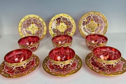 SET OF 6 GILT AND ENAMELLED MOSER FINGER BOWLS AND PLATES