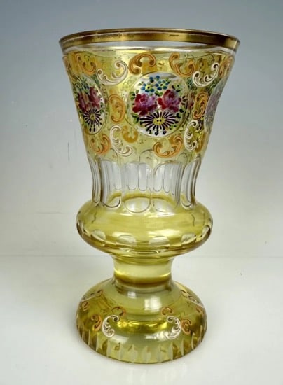 A GILT AND ENAMELLED MOSER BEAKER: Circa 1900. Measures 6.5 inches high. In good antique condition. Estimate $400-600