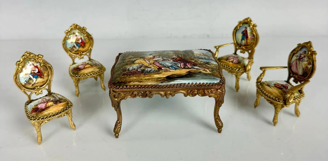 MINIATURE AUSTRIAN ENAMEL TABLE AND FOUR CHAIRS (1 of 4)