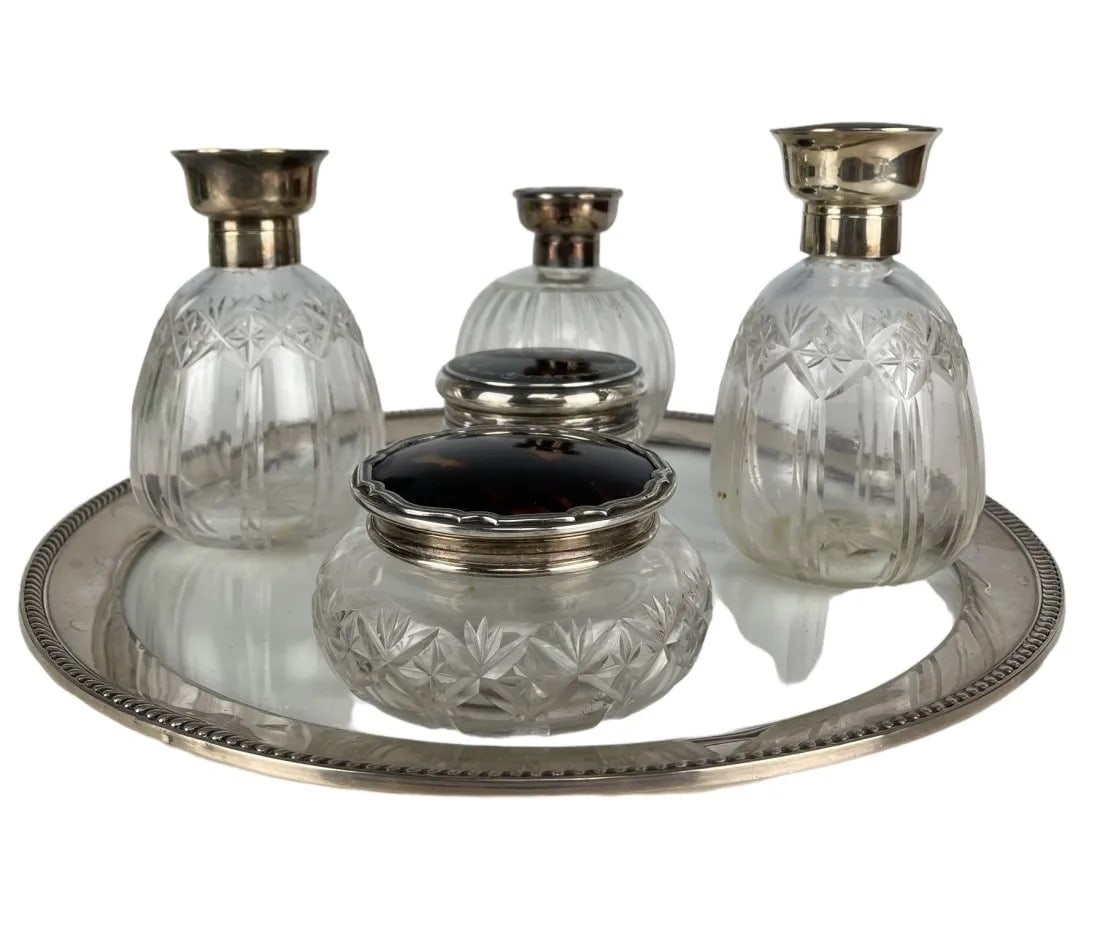 5 PIECES VICTORIAN STERLING AND TURTLE SHELL DRESSER SET (1 of 8)