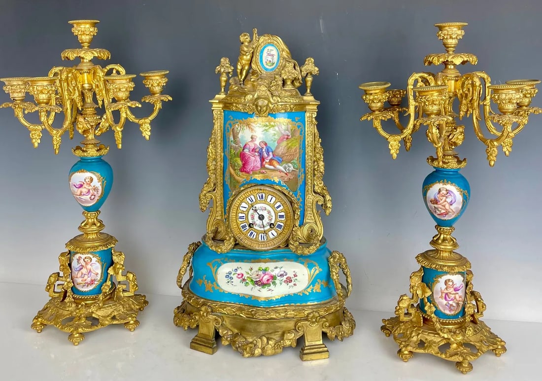 19TH C. ORMOLU MOUNTED SEVRES PORCELAIN CLOCK GARNITURE (1 of 3)
