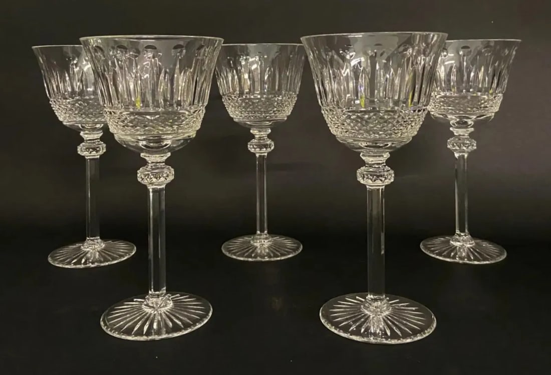 SET OF 5 ST LOUIS CRYSTAL WINE GLASSES: Measure 8 inches high. Unsigned. All in good condition. Estimate $500-600