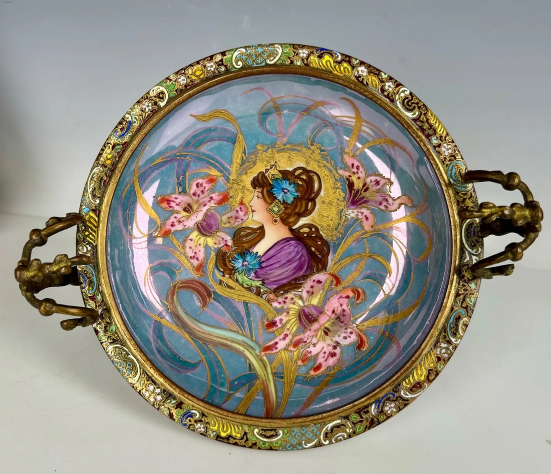 ART NOUVEAU SEVRES PORCELAIN AND CHAMPLEVE ENAMEL DISH (1 of 3)