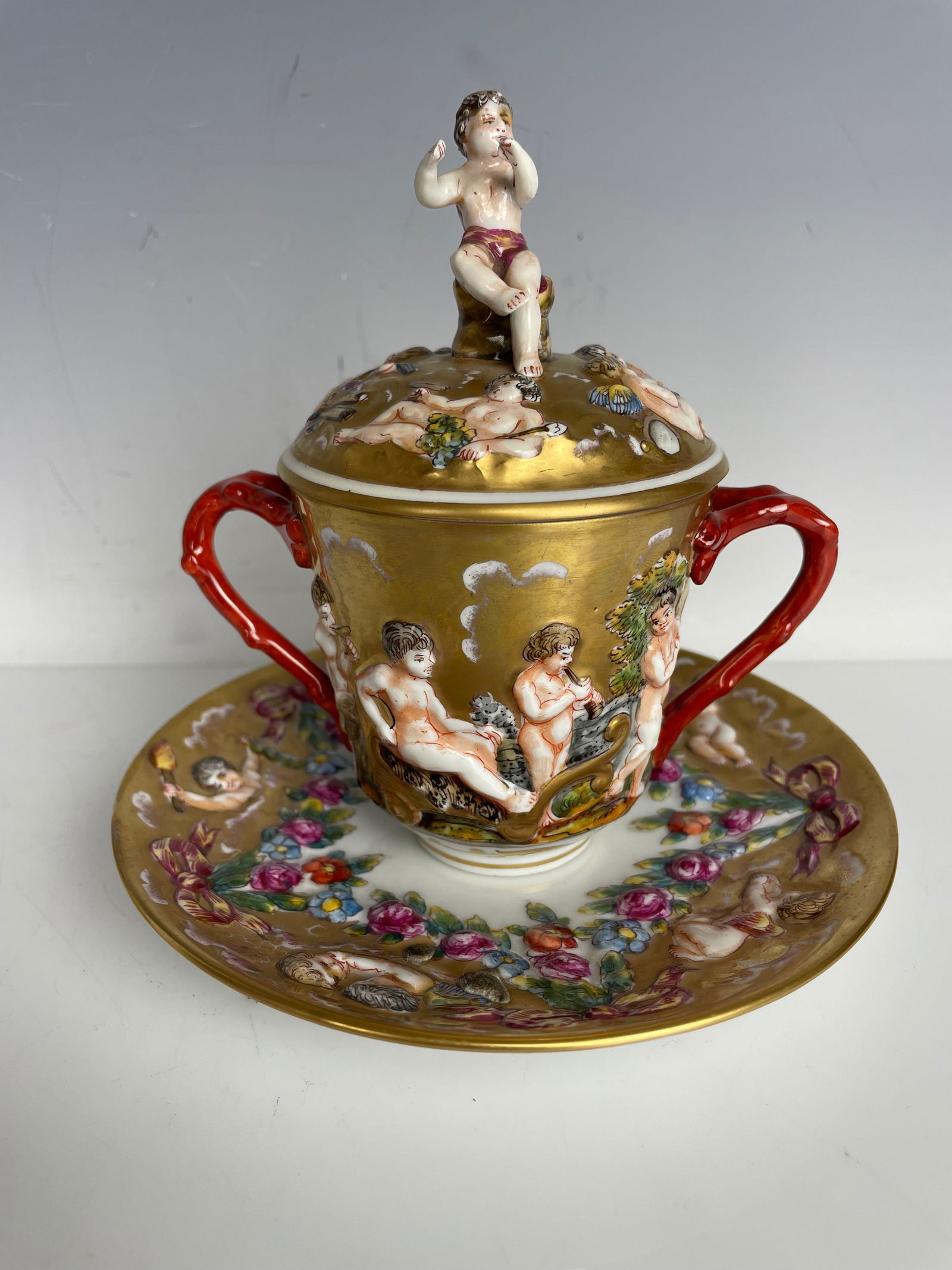 ANTIQUE CAPODIMONTE CHOCLATE LIDED CUP AND SAUCER (1 of 4)