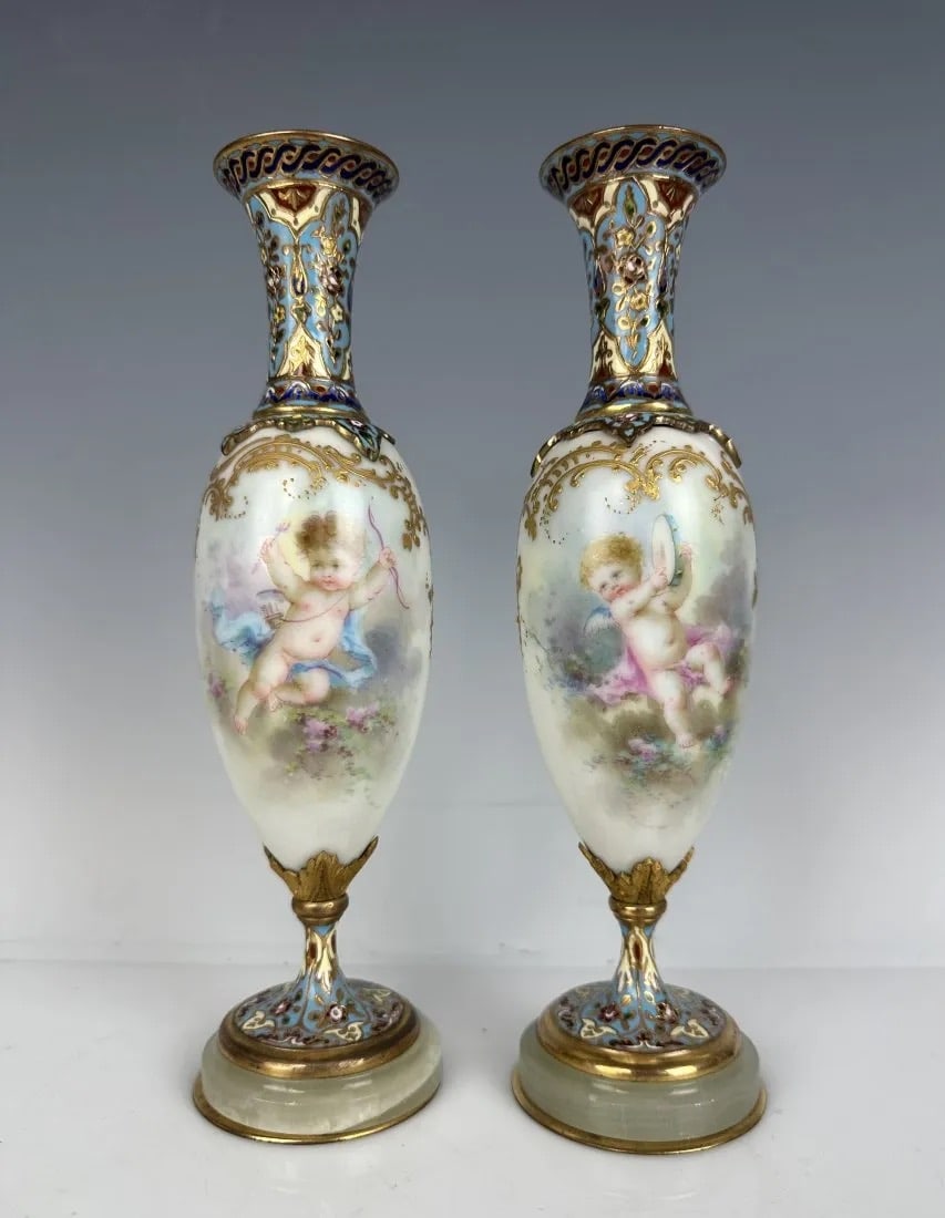 A PAIR OF FRENCH CHAMPLEVE ENAMEL AND SEVRES PORCELAIN VASES (1 of 3)