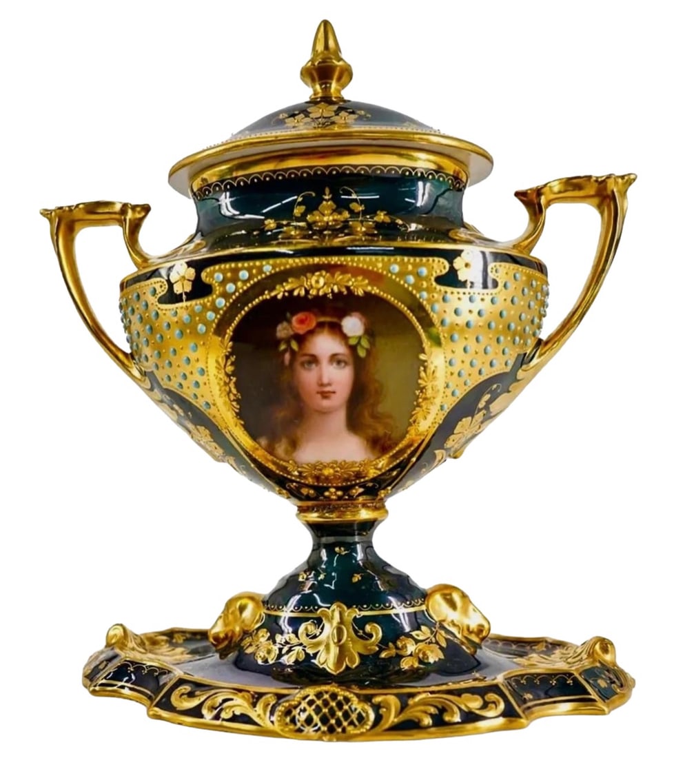 ROYAL VIENNA JEWELLED VASE AND COVER: Circa 1900. Measures 7” h. In excellent condition. Estimate $500-5000