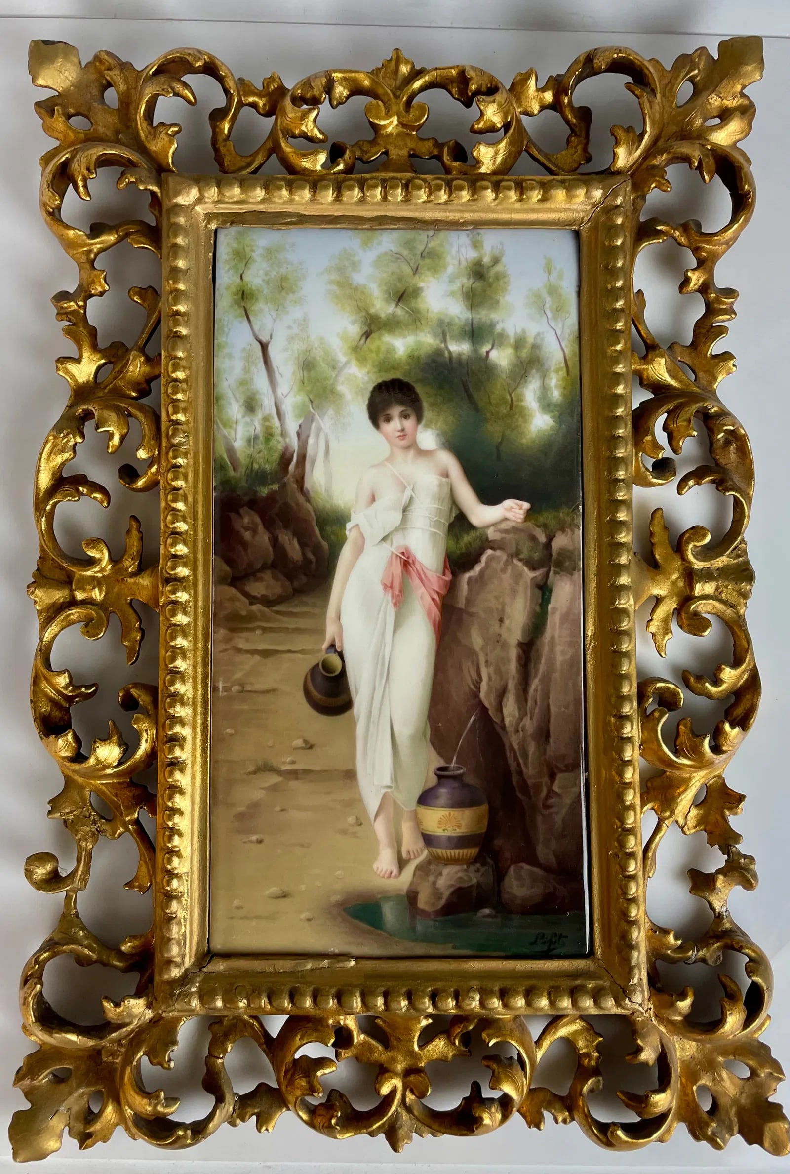 19TH C. BERLIN KPM PORCELAIN PLAQUE: Porcelain plaque measures 12.5 inches x 6.5 inches out of frame. Porcelain in good condition. Estimate $2500-3000