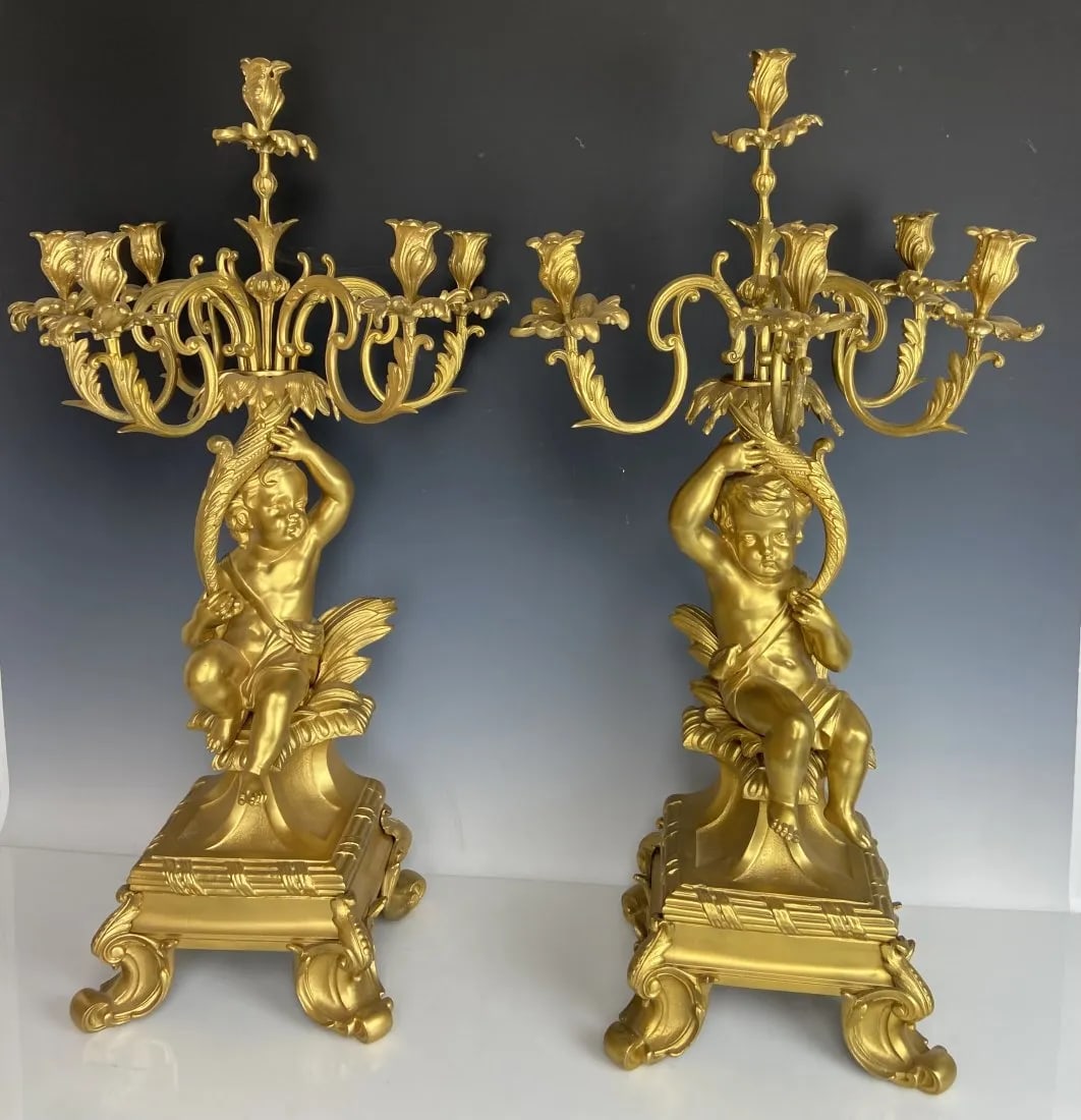 LARGE PAIR OF 19TH C. FIGURAL BRONZE CANDELABRA (1 of 7)