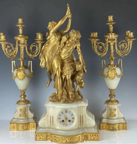 19TH C. DORE BRONZE AND ALABASTER CLOCK SET BY HENRI PICARD