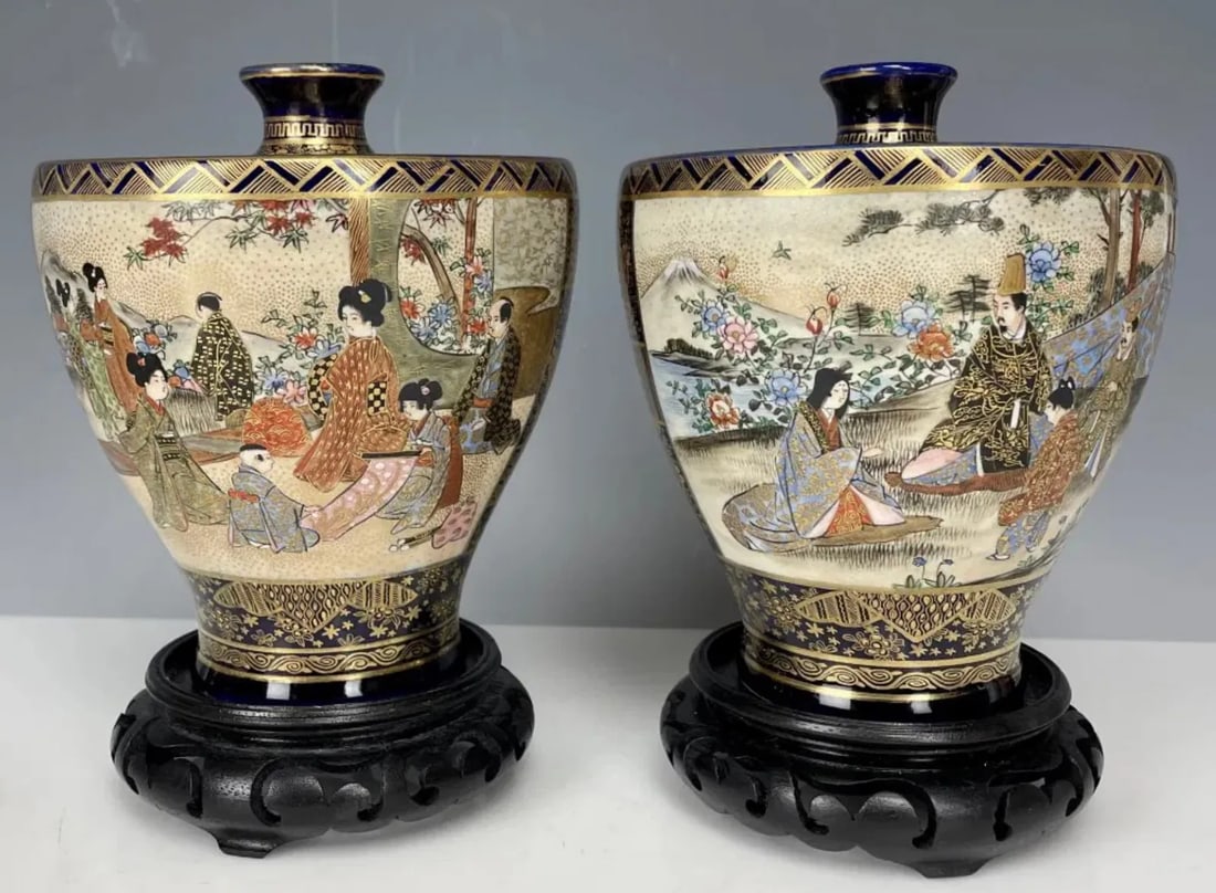 JAPANESE MEIJI PERIOD SATSUMA PORCELAIN VASES: Circa 1900 . Measure 6 inches ; high without stands. In good antique condition. Estimate $2.000-2.500