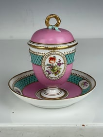 19TH C. DRESDEN LIDED CHOCLATE CUP AND SAUCER