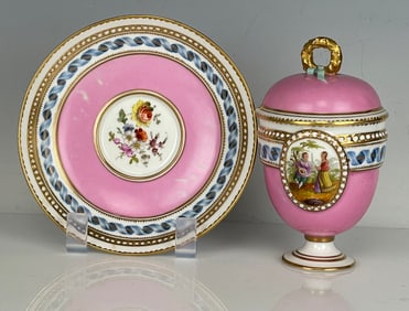 19TH C. DRESDEN LIDED CHOCLATE CUP AND SAUCER