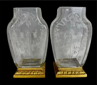 A PAIR OF ORMOLU MOUNTED ETCHED BACCARAT CRYSTAL VASES