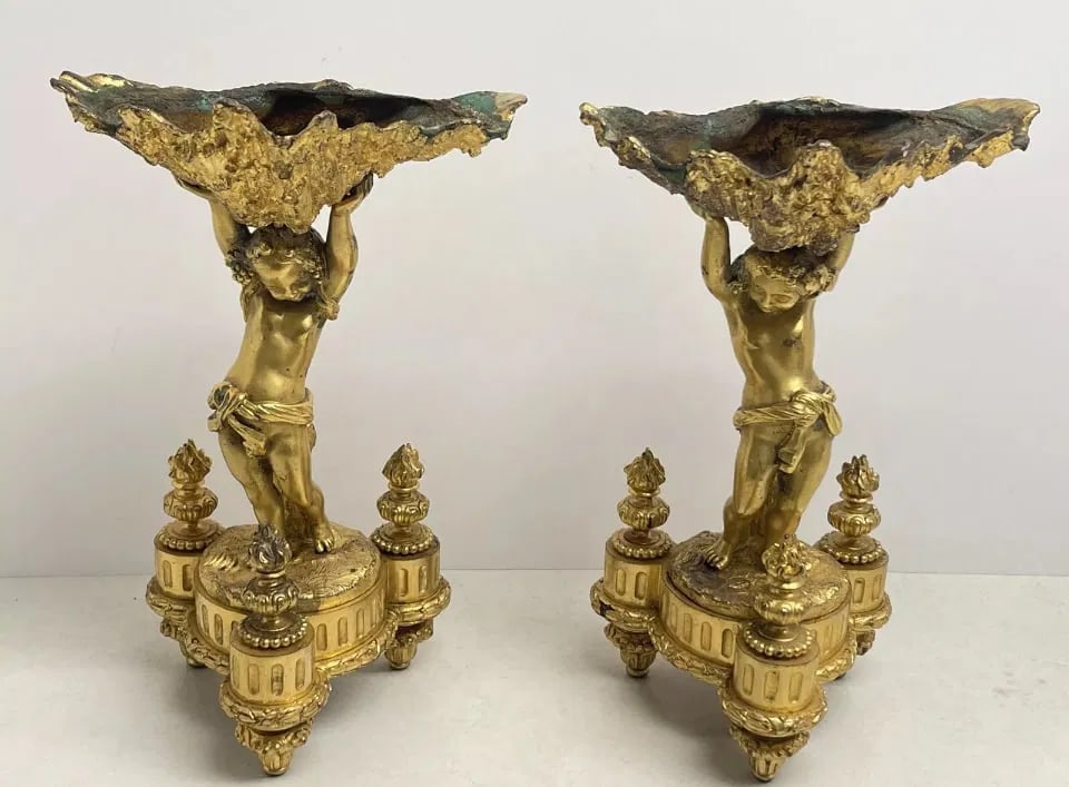 ANTIQUE PAIR OF ORMOLU NYMPHS HOLDING SHELLS (1 of 6)