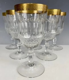 SET OF 6 GILT VAL ST LAMBERT CUT CRYSTAL WINE GLASSES