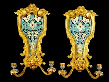 A PAIR OF FRENCH CHAMPLEVE ENAMEL WALL SCONSES