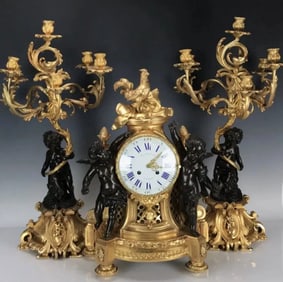 PALATIAL BRONZE CLOCK SET SIGNED H. PICCARD CIRCA 1880