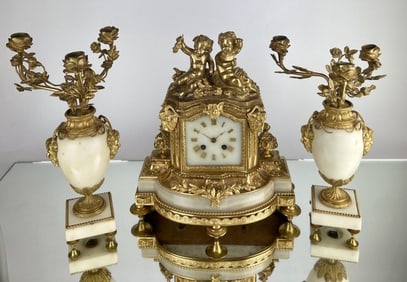 19TH C. FRENCH DORE BRONZE AND MARBLE CLOCK SET