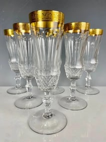 SET OF 6 GILT CUT CRYSTAL CHAMPAGNE GLASSES