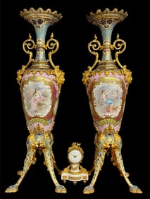 A MAGNIFICENT PAIR OF ART NOUVEAU CHAMPLEVE ENAMEL AND SEVRES