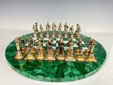 ITALIAN VISARI BRONZE CHESS SET WITH MALACHITE BOARD