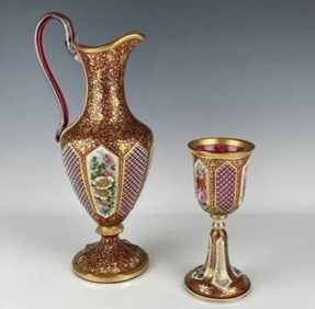 A LARGE MOSER GLASS PITCHER AND MATCHING GLASS