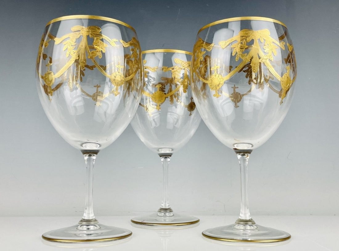 SET OF 3 GILT MOSER WINE GLASSES: Circa 1900. Measure 8 inches high. In good condition. Estimate $400-500