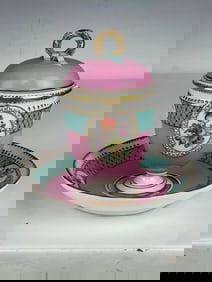 19TH C. DRESDEN LIDED CHOCLATE CUP AND SAUCER