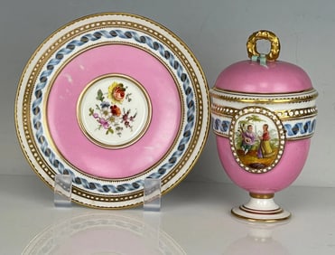 19TH C. DRESDEN LIDED CHOCLATE CUP AND SAUCER