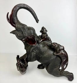 LARGE GENRYUSAI SEIYU MEIJI BRONZE ELEPHANT TIGERS