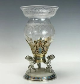 A LARGE FRENCH CHAMPLEVE ENAMEL AND BACCARAT GLASS VASE