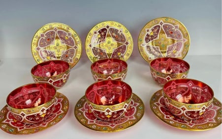 SET OF 6 GILT AND ENAMELLED MOSER FINGER BOWLS AND PLATES