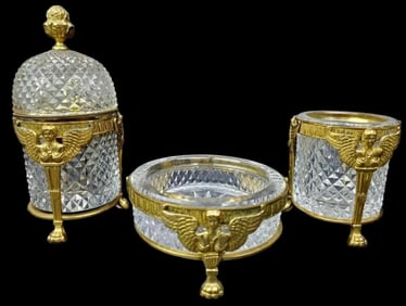 3 PIECE ORMOLU AND CUT CRYSTAL SMOKING SET