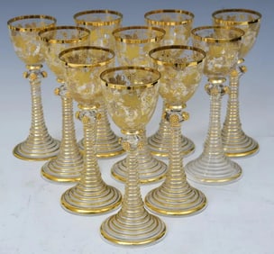 SET OF 10 ENAMELLED AND GILT WINE GLASSES