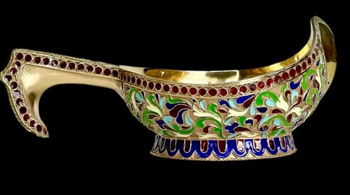 19TH C. RUSSIAN SILVER ENAMEL KOVSH