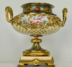 FRENCH CHAMPLEVE ENAMEL AND SEVRES PORCELAIN VASE