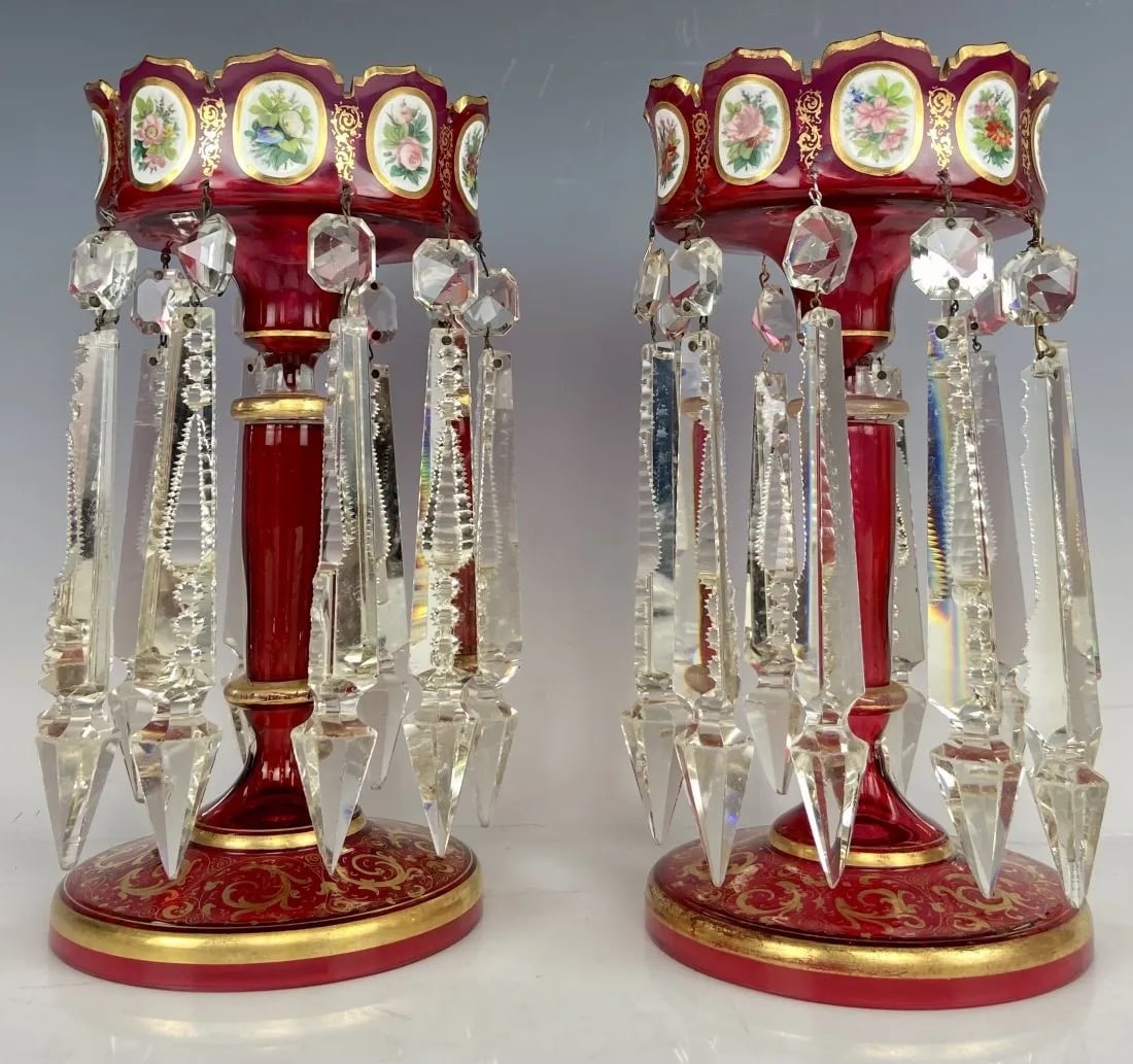 A PAIR OF 19TH C. MOSER OVERLAY GLASS LUSTERS (1 of 4)